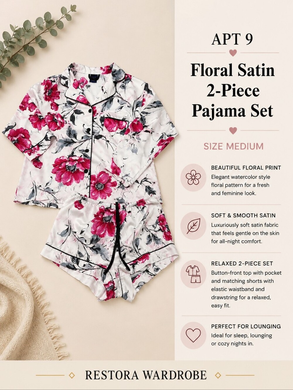 APT. 9 Romantic Floral Satin Pajama Short Set Contrast Piping M
